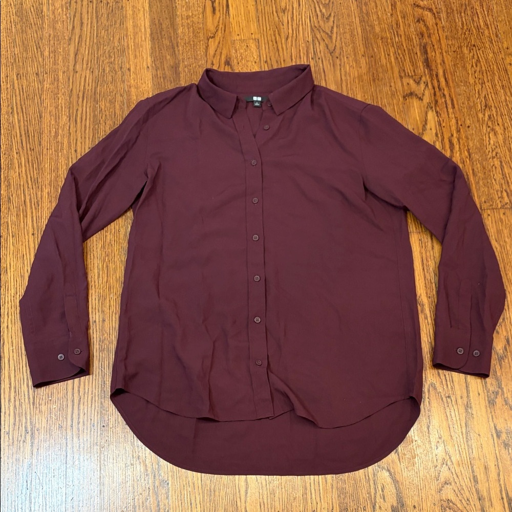 Uniqlo Women’s Burgundy Rayon Button-Down Blouse – Lightweight & Silky – Small